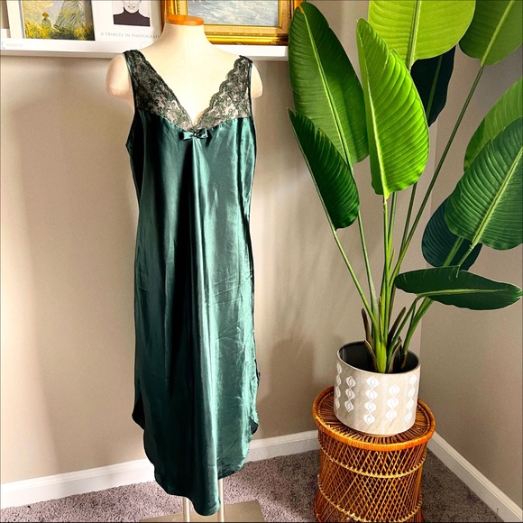 Vintage Other - EXPRESSIONS vintage green satin lace midi slip dress